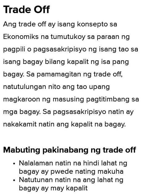 trade in tagalog|Translate trade off in Tagalog with contextual examples.